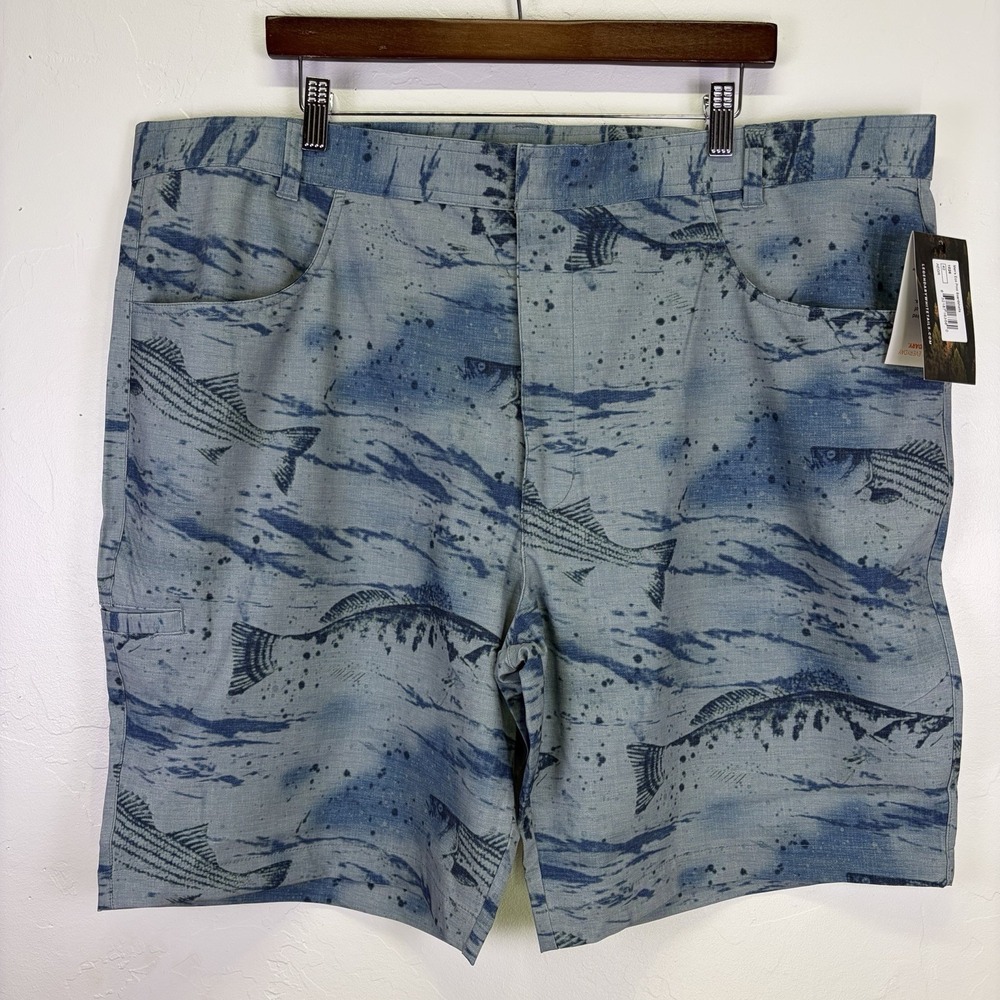 Legendary Men's Eco Print Boardshorts Sz 42 Aegean Blue River Fish Print Fishing